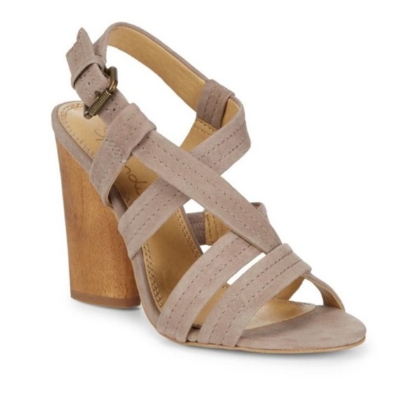 SPLENDID “Flash” Taupe Suede Strappy Wood Heel - Picture 15 of 15